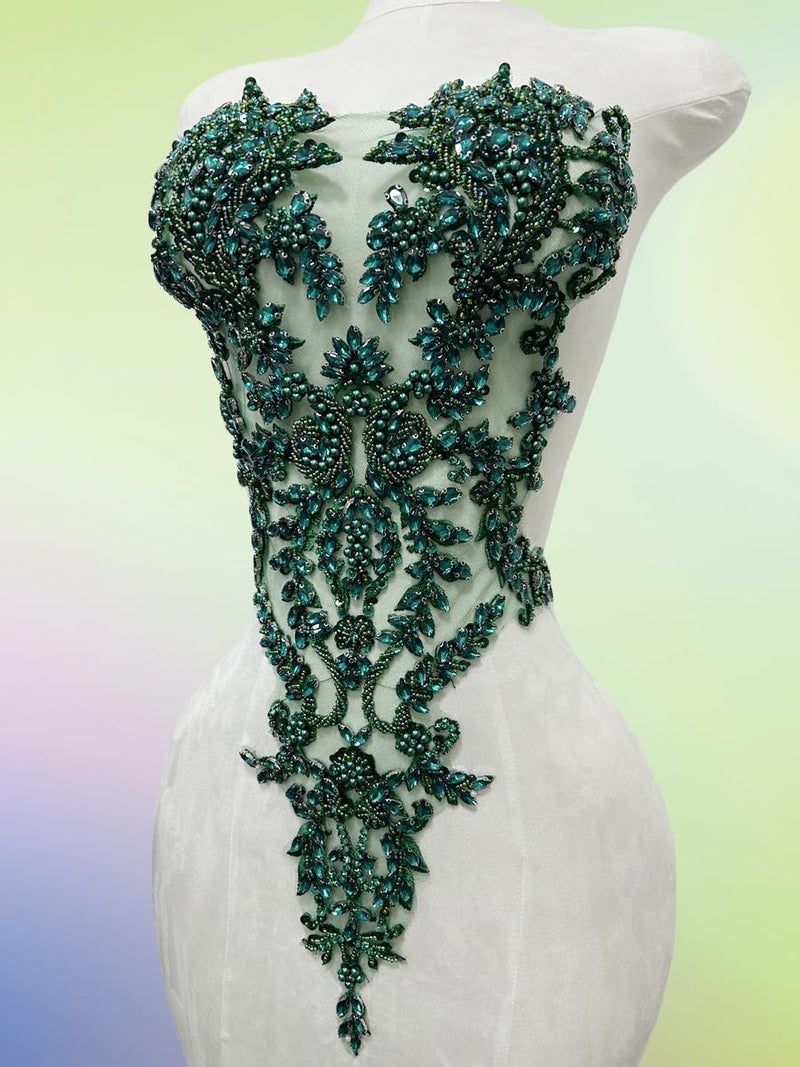ArtistryXB Handmade Rhinestones Lace Bodice Applique Sew on Beads Sequins Trimming Patches for Dress Clothing Accessories 1Pcs/Bag (Deepgreen) - Image 3